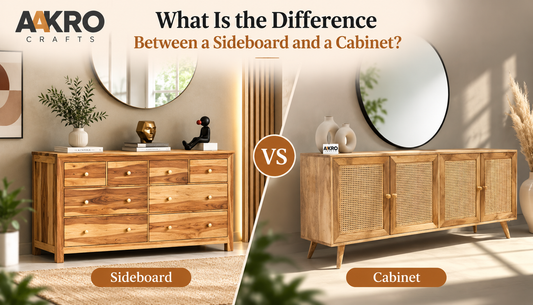 Wooden sideboard and cane cabinet comparison by Aakro Crafts showing the difference between a sideboard and a cabinet.