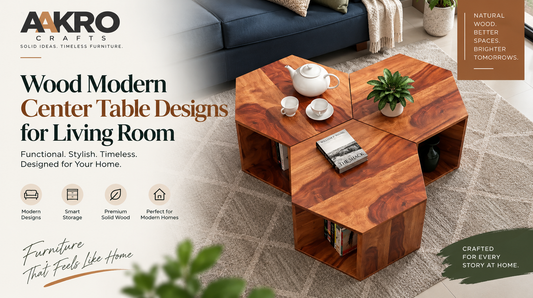 Wood modern center table designs for living room featuring a premium solid wood geometric coffee table with smart storage.