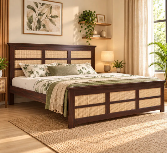 Solid Sheesham Wood Bed with Cane Detailing | Non Storage