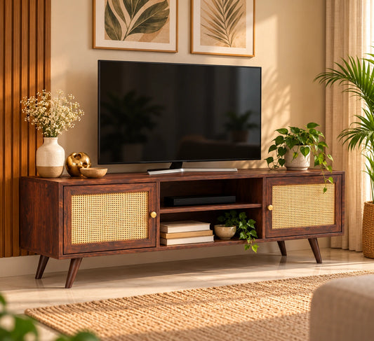 Wooden TV Unit with 2 Cane Doors |TVC 2 Door Cane