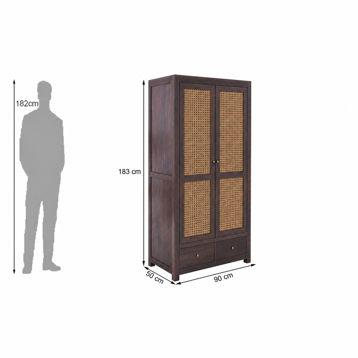 Cane Panel Wooden Wardrobe with Drawers