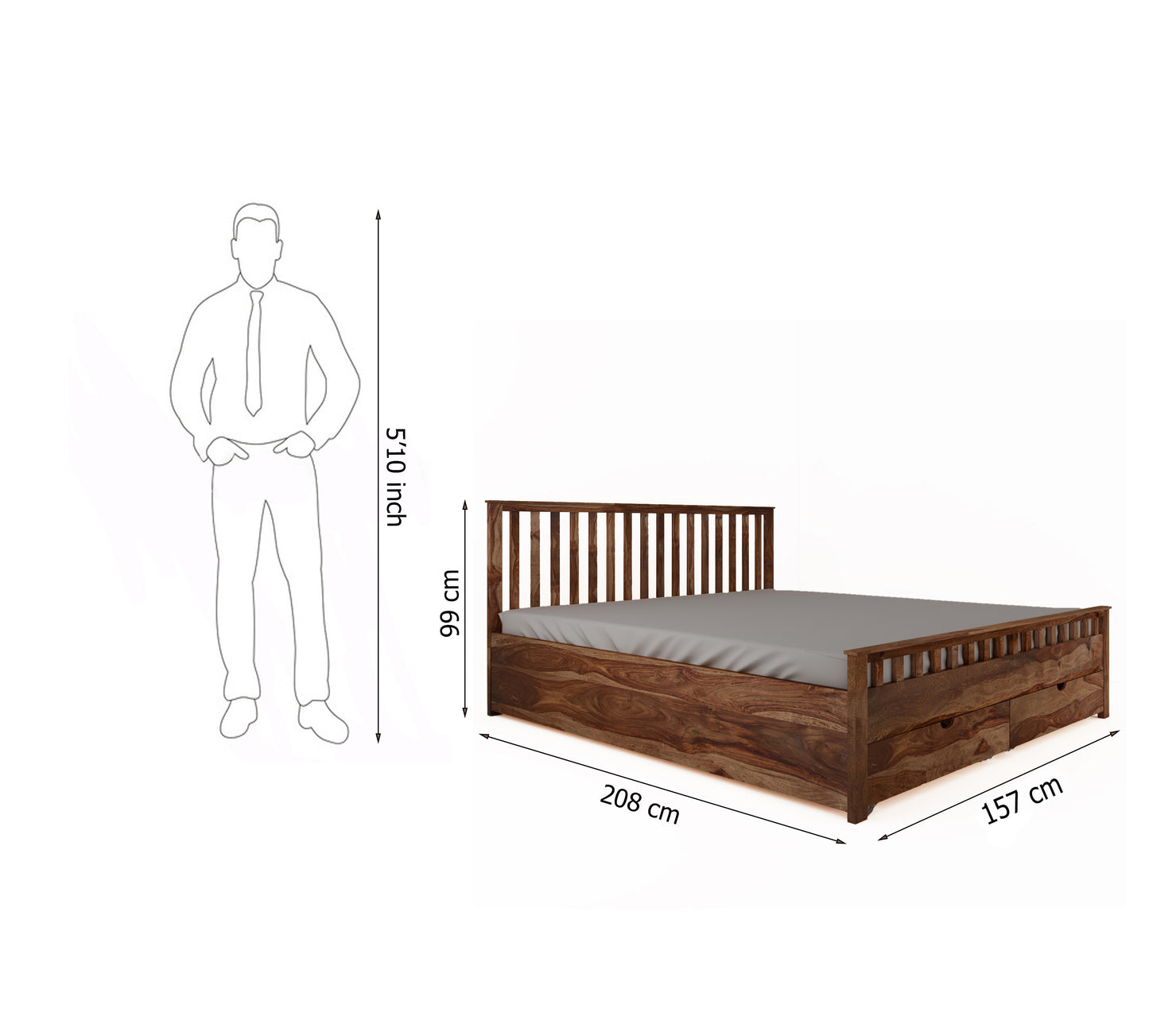 Dreamora Front Drawer Queen Size Bed - Teak Finish