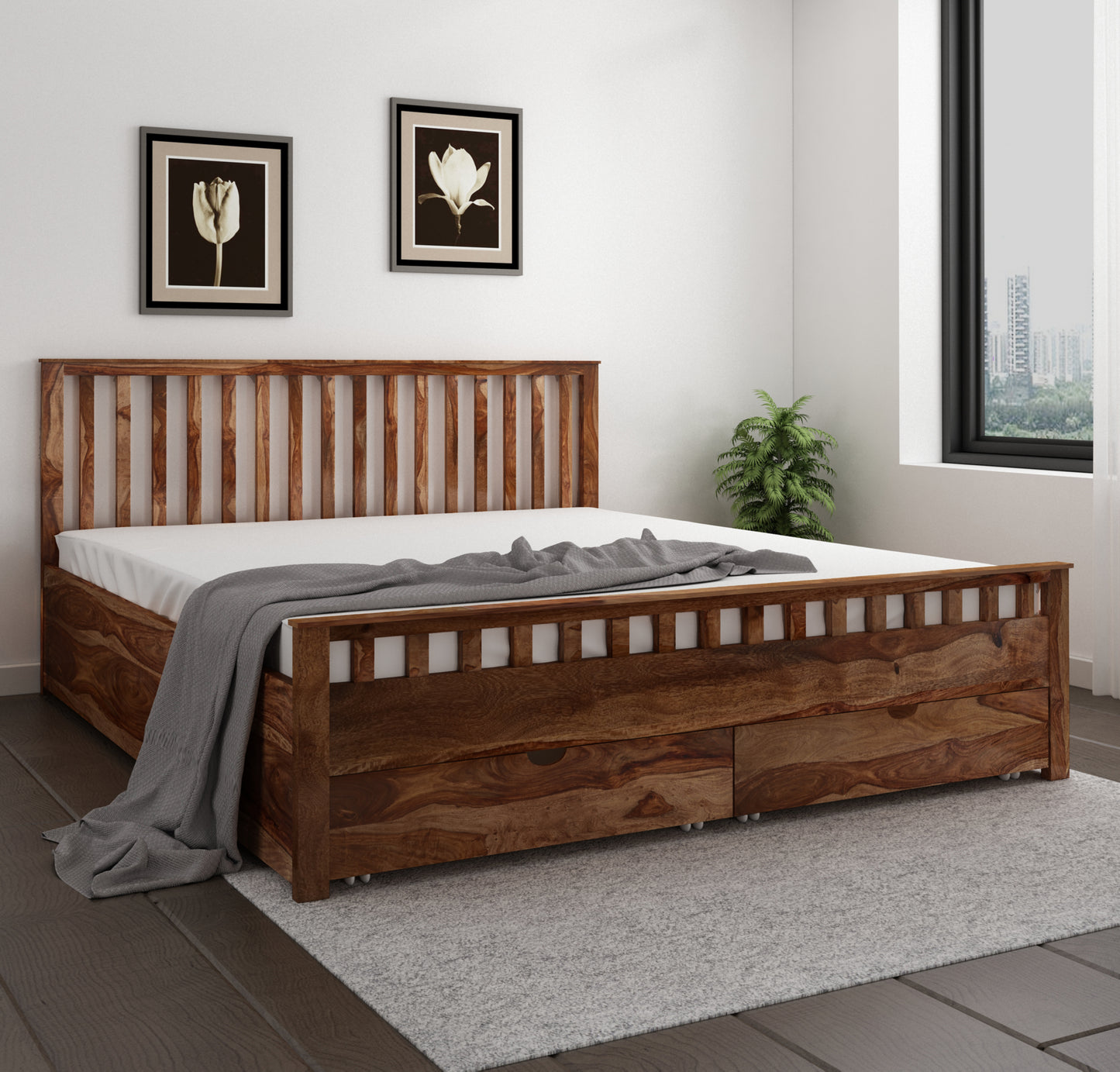 Dreamora Front Drawer Queen Size Bed - Teak Finish