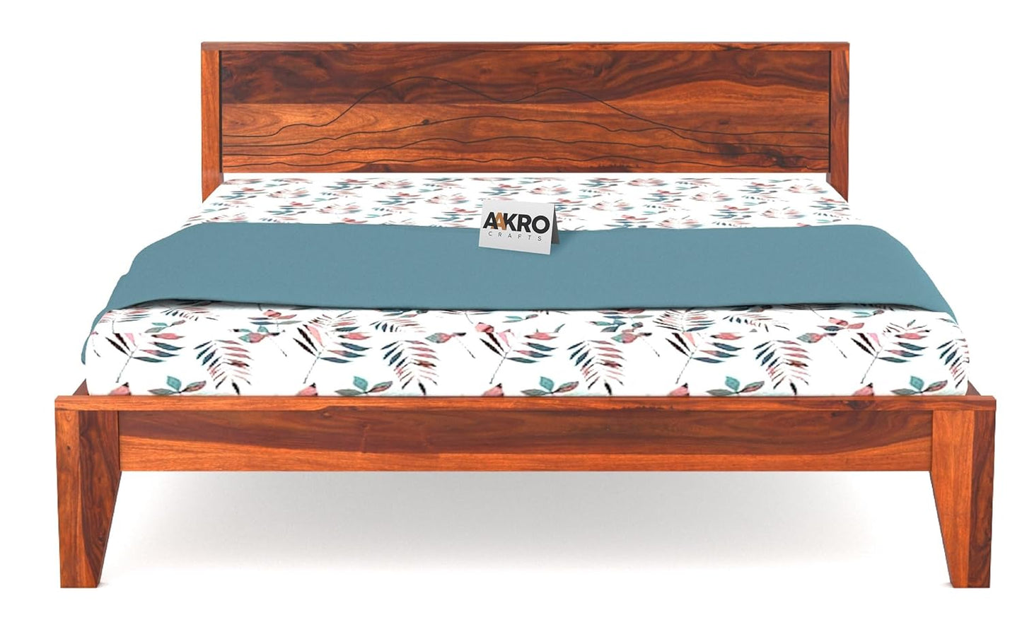 Sheesham Wood Grooved Double Bed Without Storage - Honey Finish