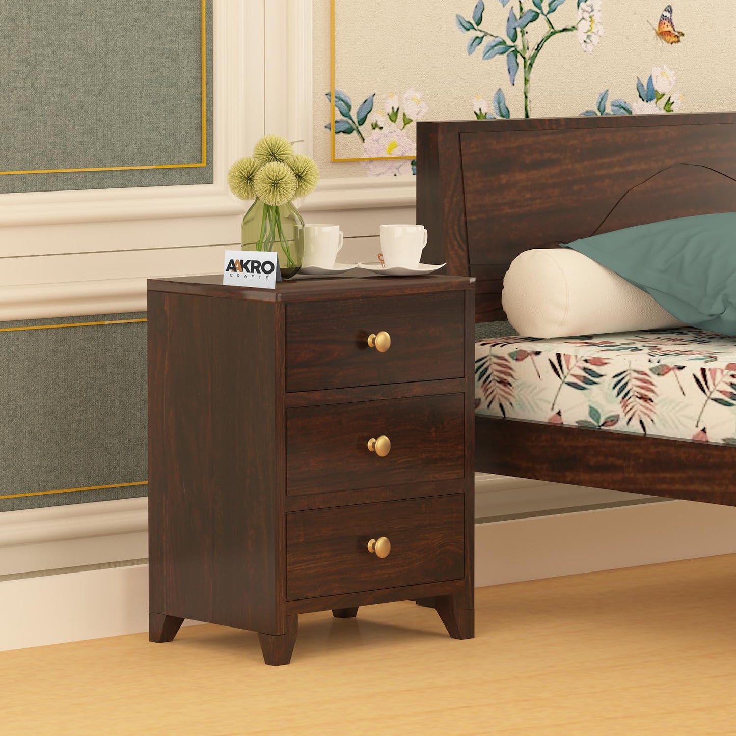 Sheesham Wood Bedside Table with 3 Drawer Storage - Grooved Design