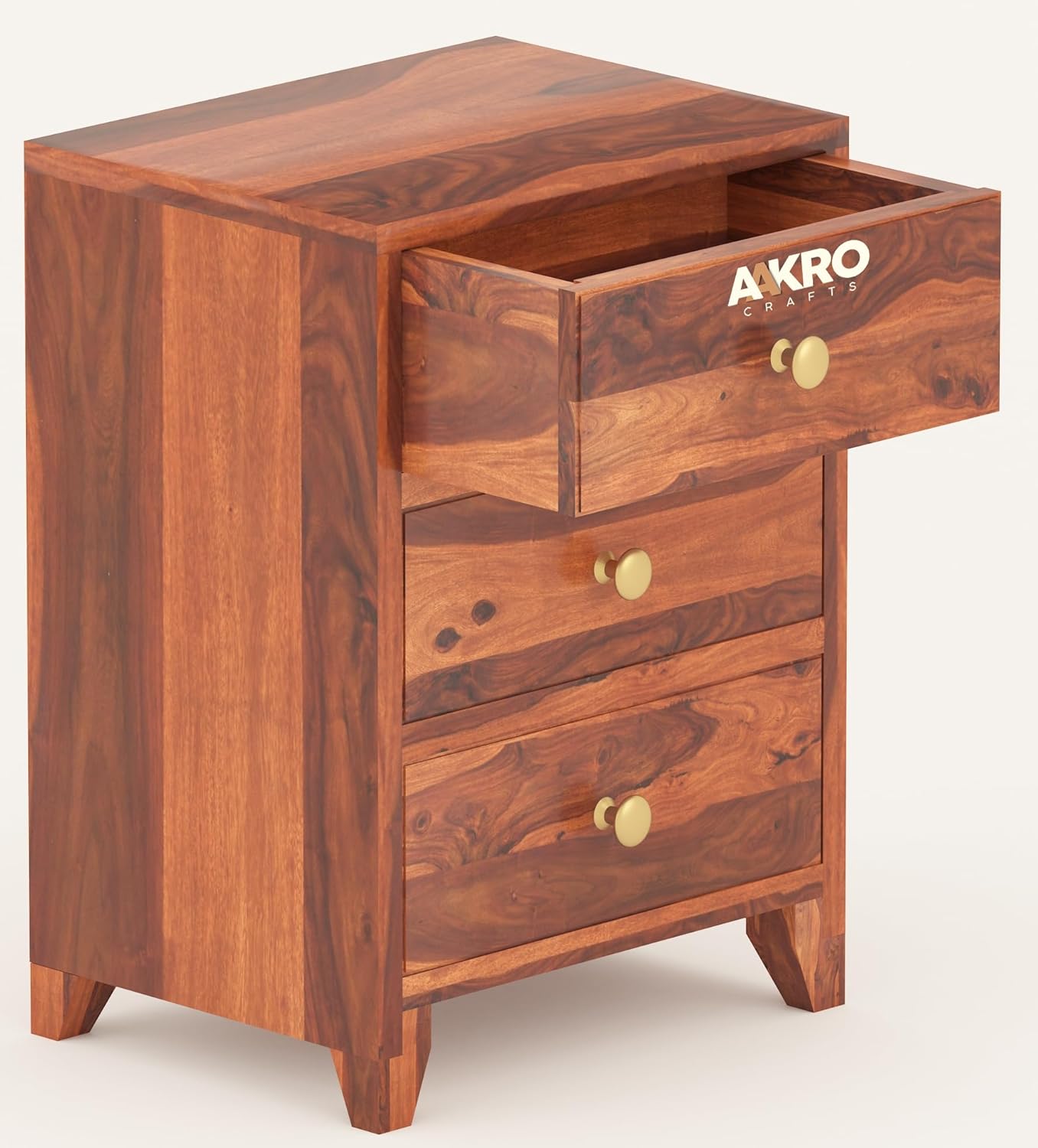 Sheesham Wood Bedside Table with 3 Drawer Storage - Grooved Design