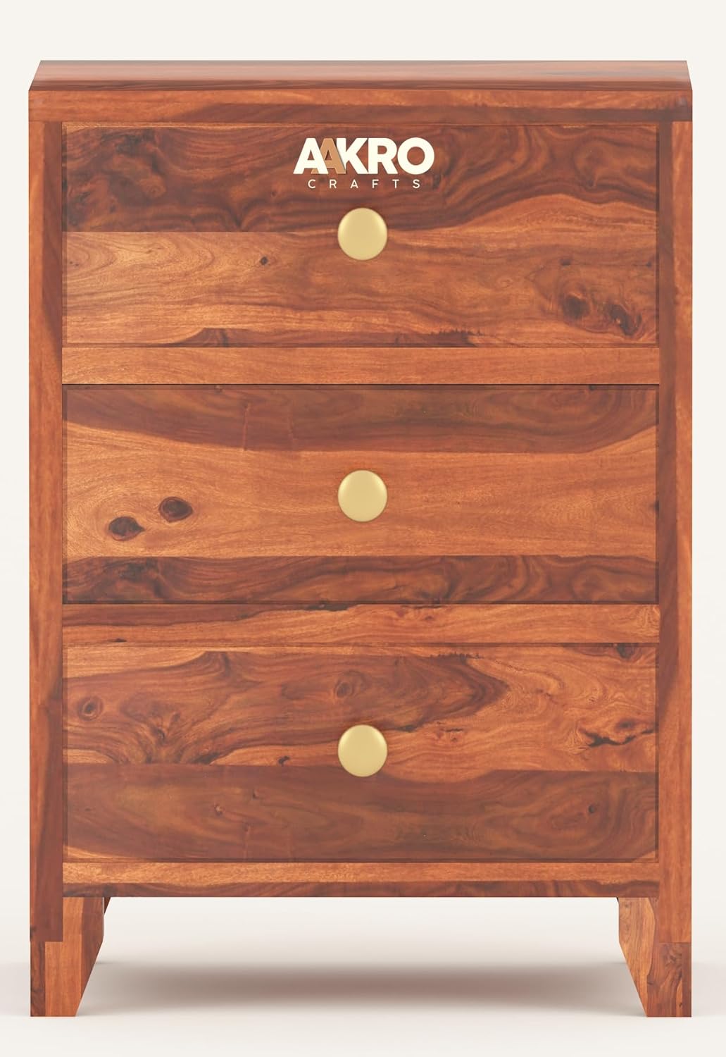 Sheesham Wood Bedside Table with 3 Drawer Storage - Grooved Design