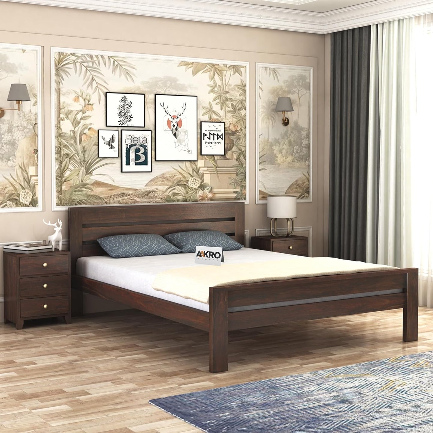 Sheesham Wood Bed Without Storage - 1 Year Warranty - Walnut Finish