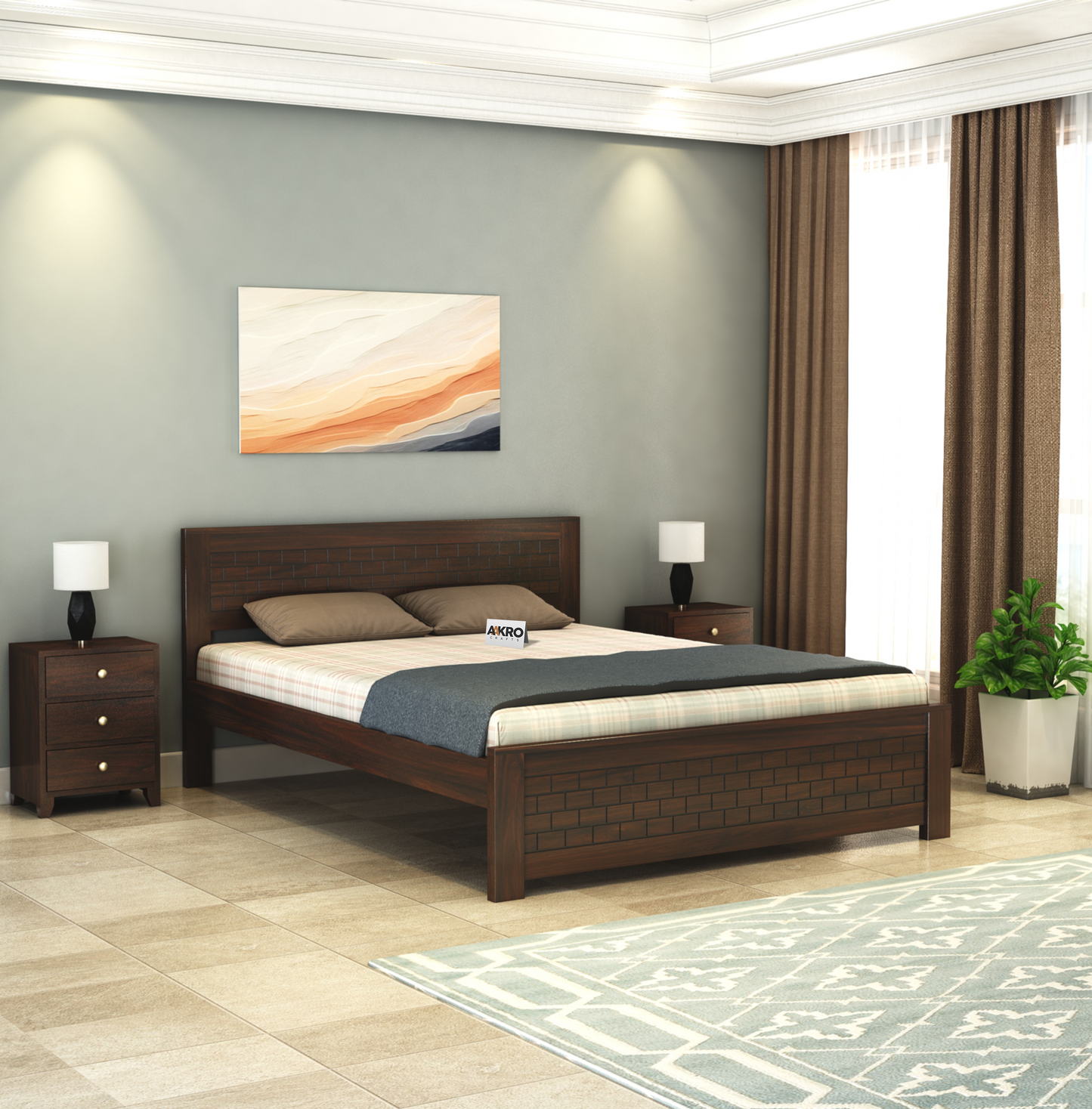 Leo Sheesham Wood Brick Bed Without Storage (Walnut)