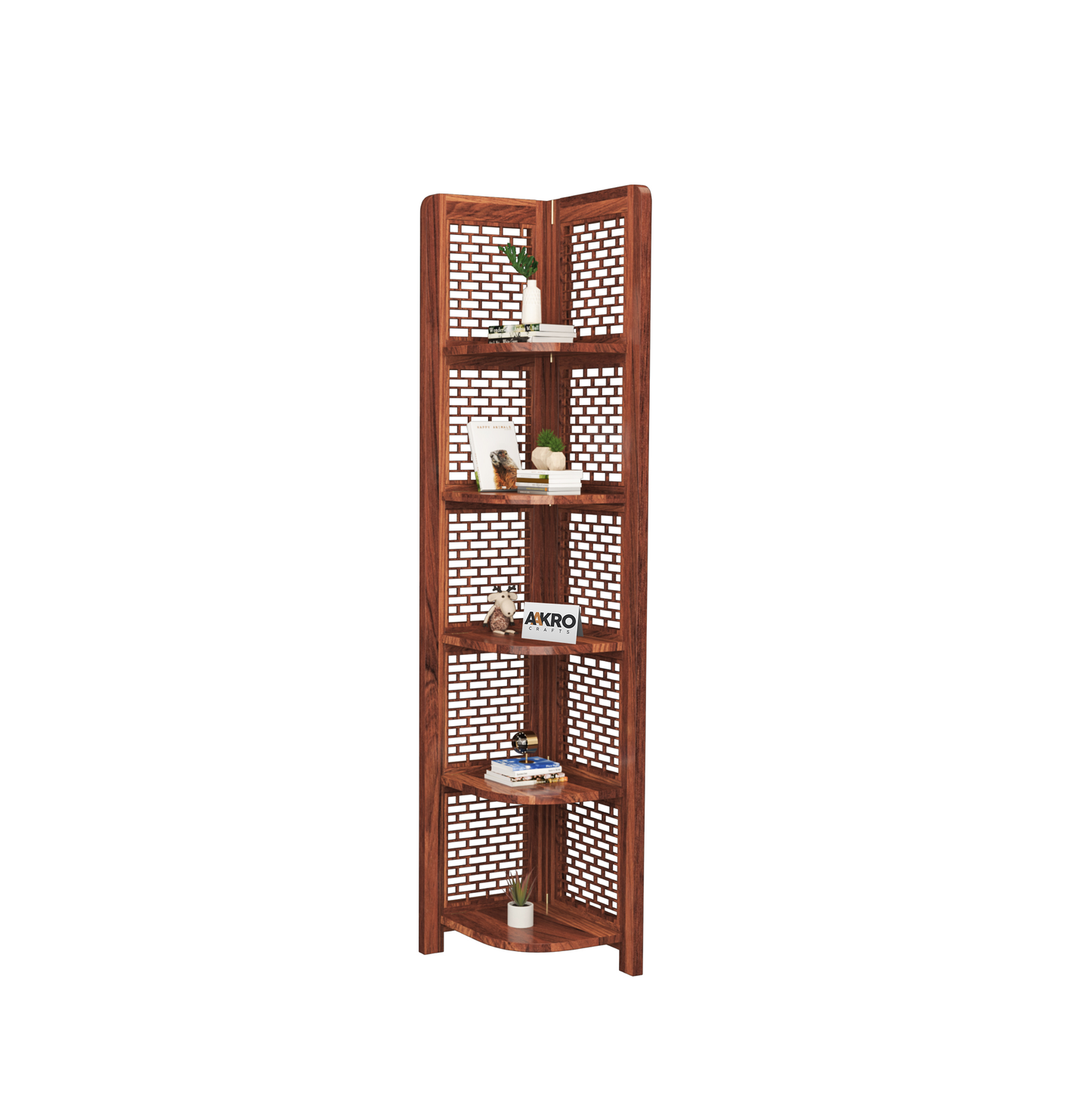 Divine Sheesham Wood Brick Corner Shelf for Living Room Bedroom Home | CNC 5 Tier Corner Bookshelf | Wooden Ladder Bookcase Display Unit (Honey Finish)