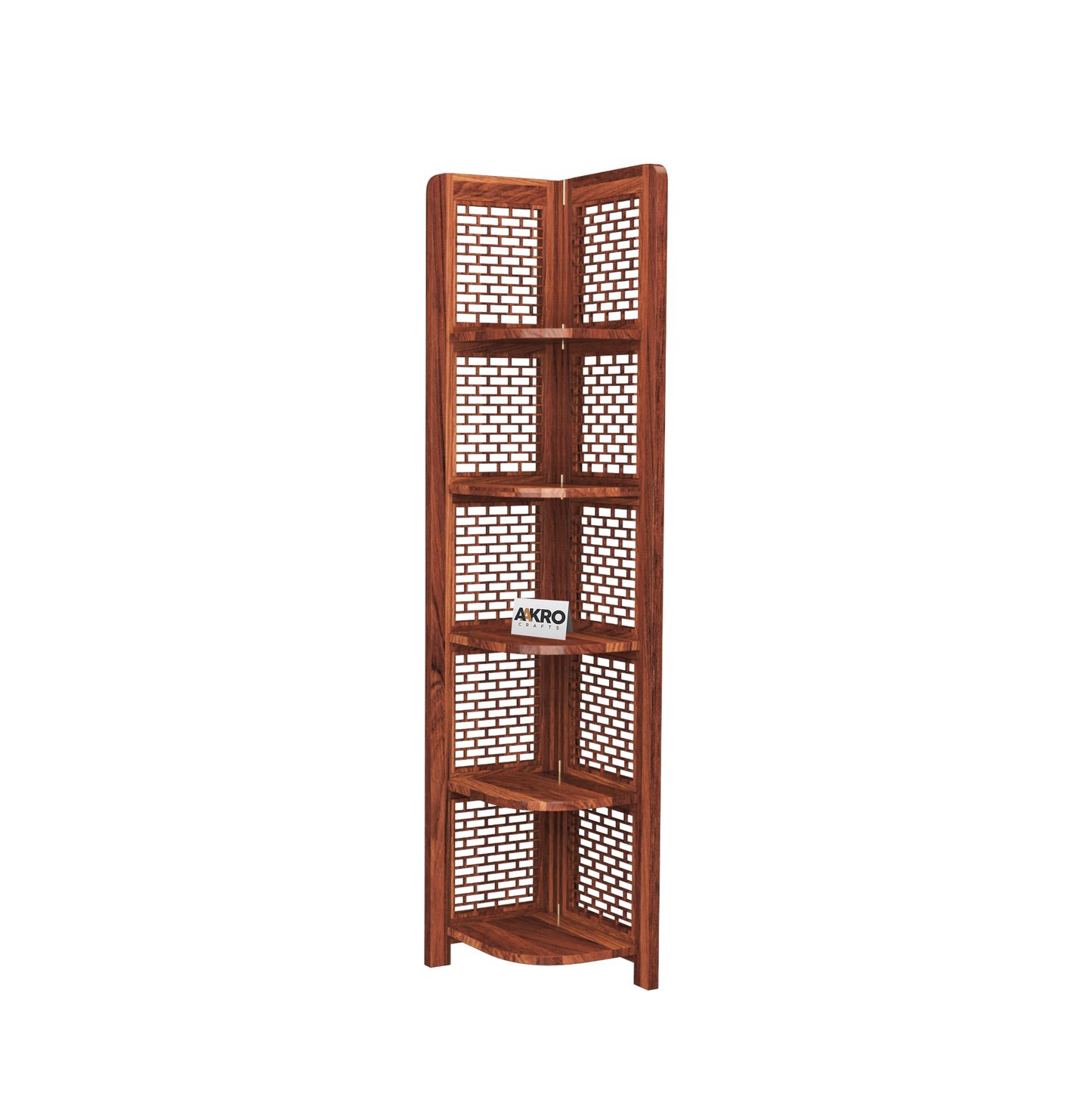 Divine Sheesham Wood Brick Corner Shelf for Living Room Bedroom Home | CNC 5 Tier Corner Bookshelf | Wooden Ladder Bookcase Display Unit (Honey Finish)