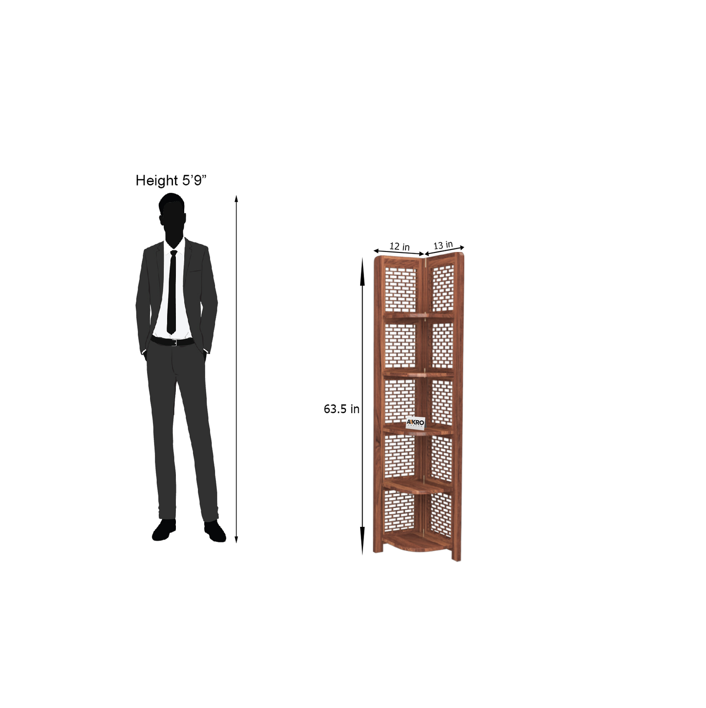 Divine Sheesham Wood Brick Corner Shelf for Living Room Bedroom Home | CNC 5 Tier Corner Bookshelf | Wooden Ladder Bookcase Display Unit (Honey Finish)
