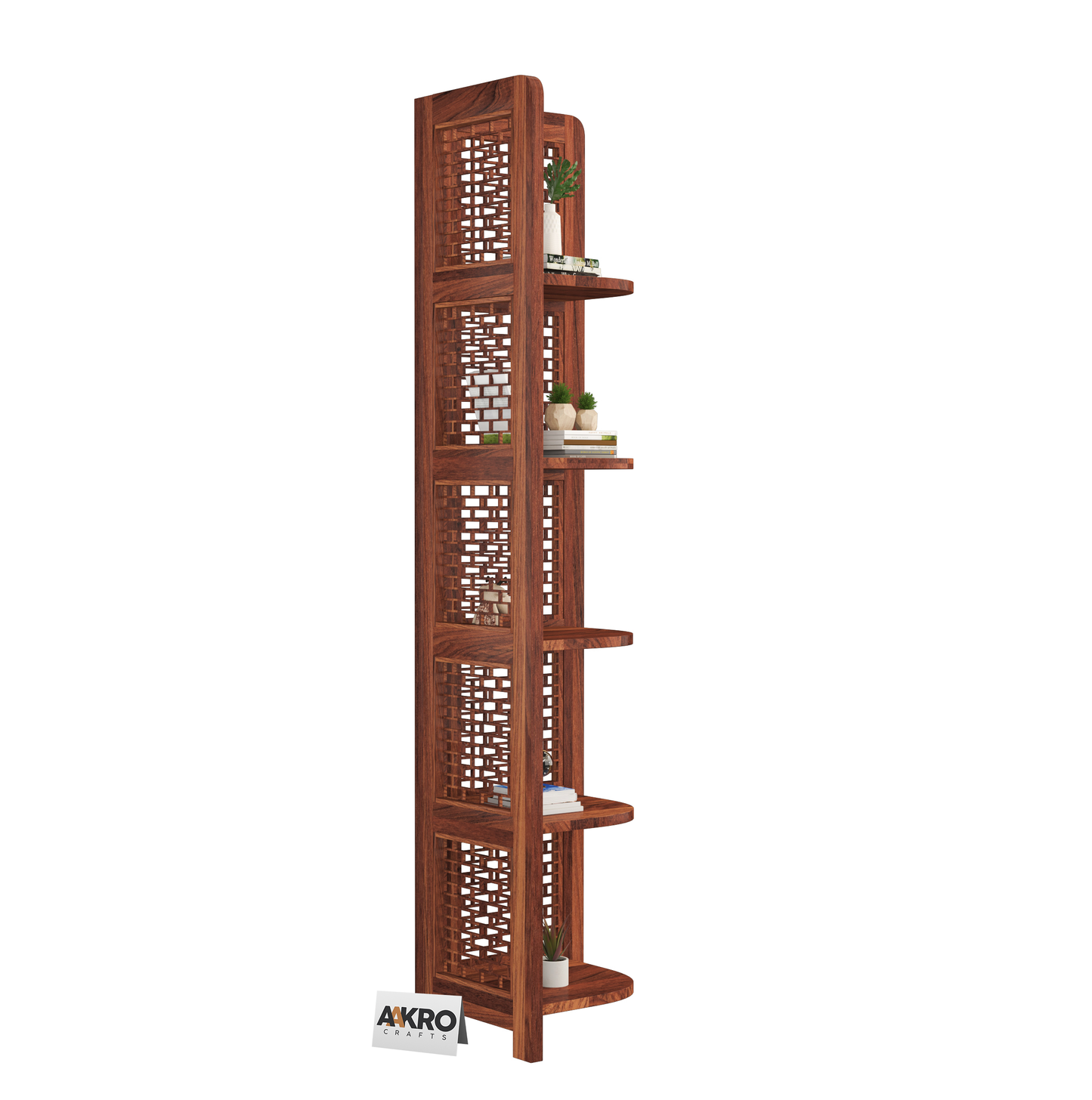 Divine Sheesham Wood Brick Corner Shelf for Living Room Bedroom Home | CNC 5 Tier Corner Bookshelf | Wooden Ladder Bookcase Display Unit (Honey Finish)