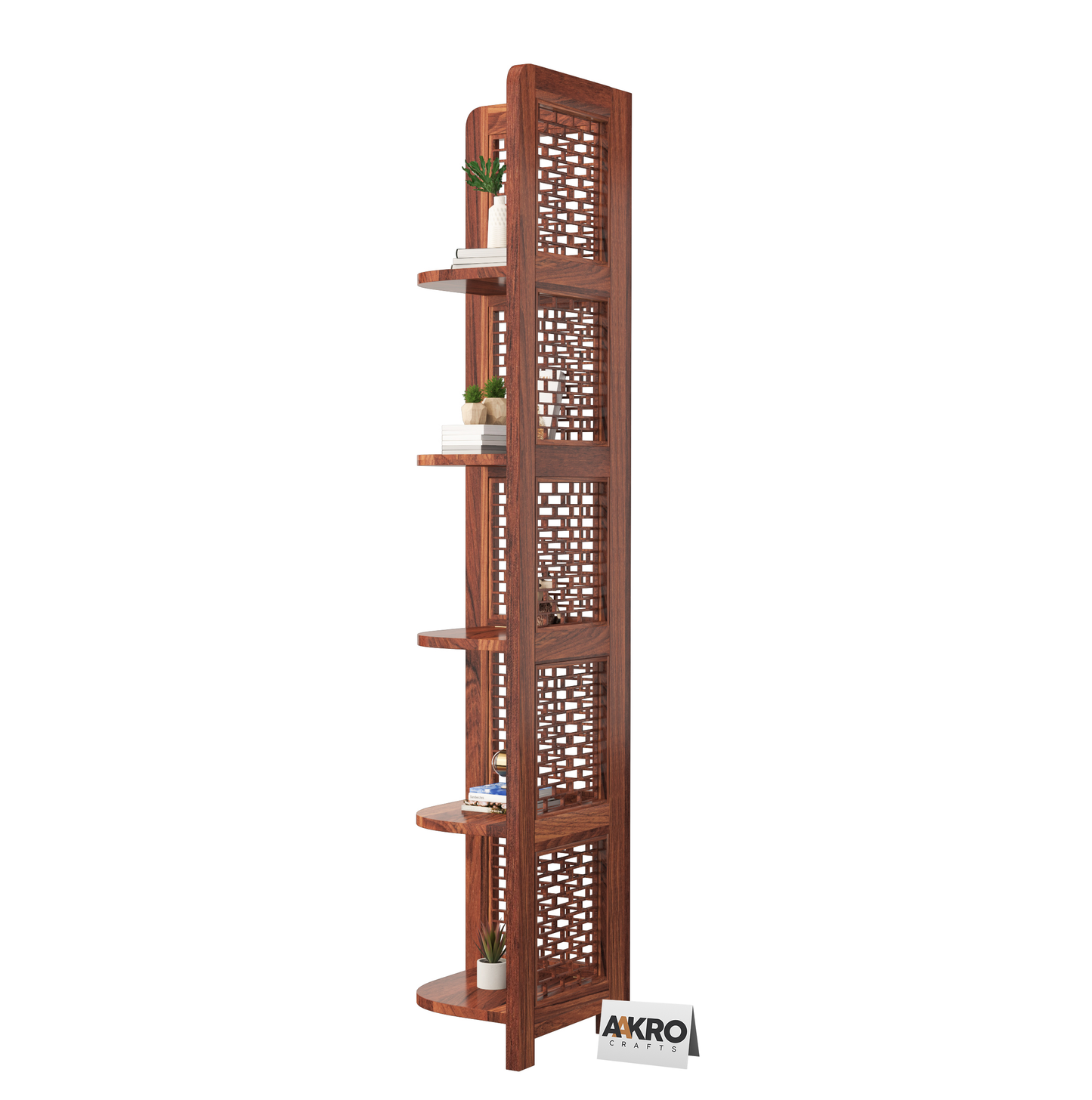 Divine Sheesham Wood Brick Corner Shelf for Living Room Bedroom Home | CNC 5 Tier Corner Bookshelf | Wooden Ladder Bookcase Display Unit (Honey Finish)