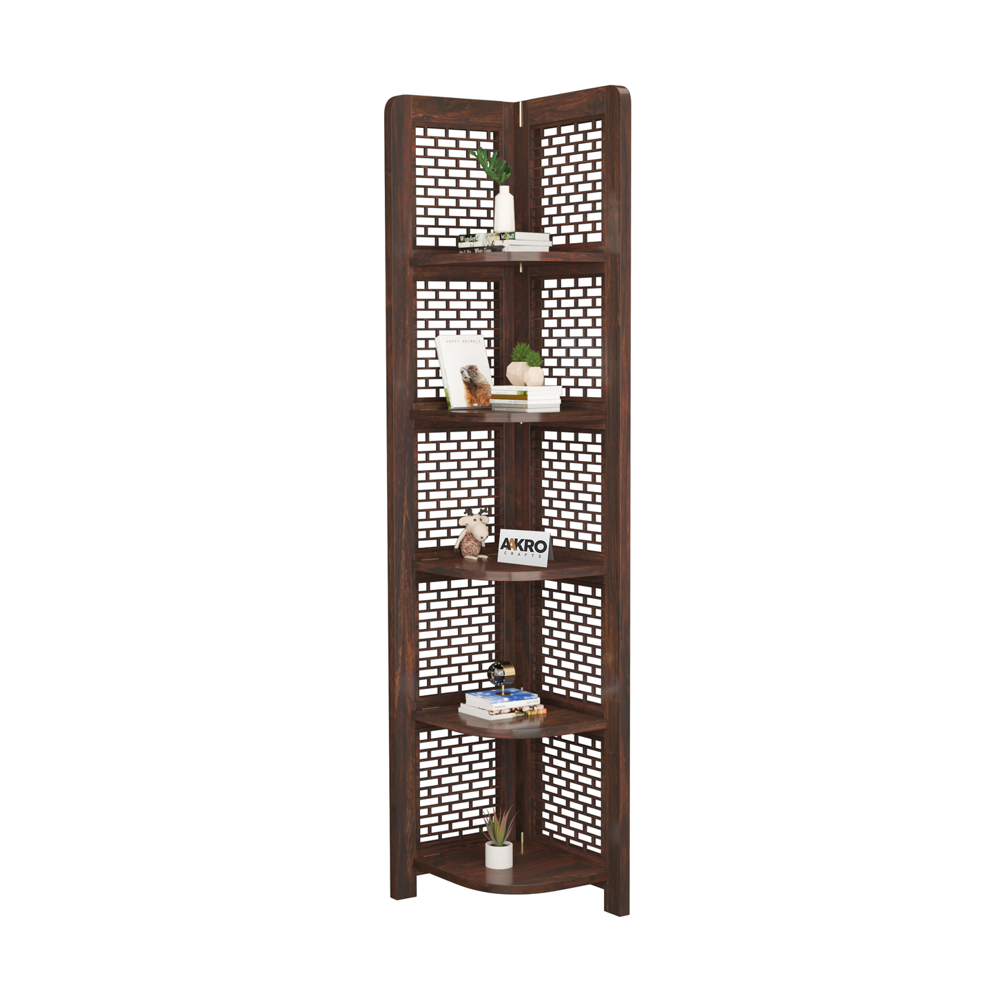 Divine Sheesham Wood Brick Corner Shelf for Living Room Bedroom Home | CNC 5 Tier Corner Bookshelf | Wooden Ladder Bookcase Display Unit (Walnut Finish)