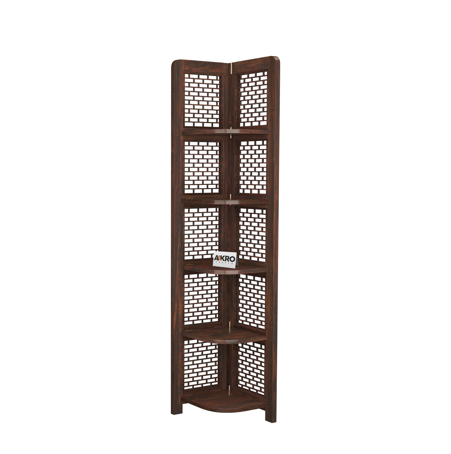 Divine Sheesham Wood Brick Corner Shelf for Living Room Bedroom Home | CNC 5 Tier Corner Bookshelf | Wooden Ladder Bookcase Display Unit (Walnut Finish)