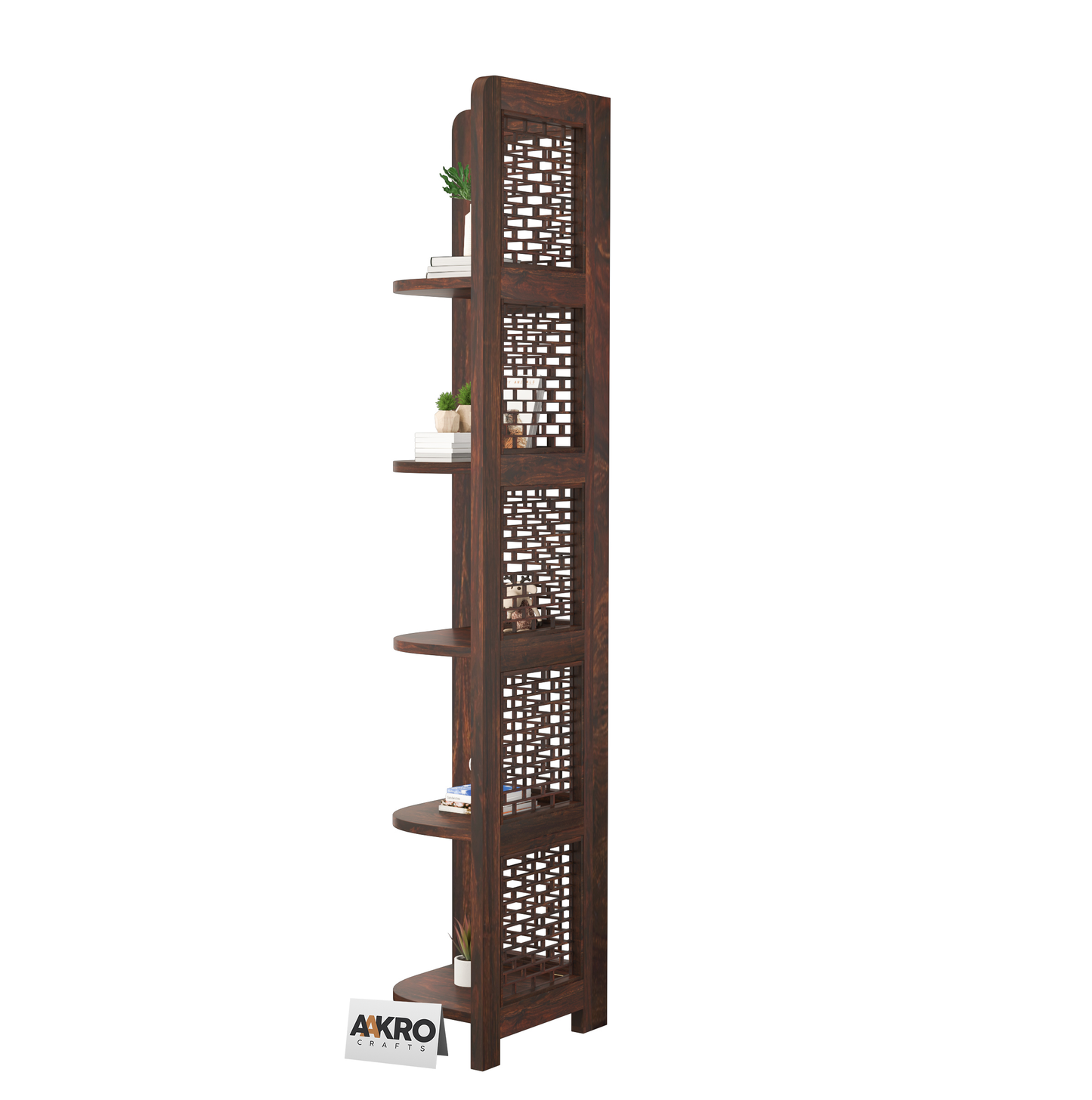 Divine Sheesham Wood Brick Corner Shelf for Living Room Bedroom Home | CNC 5 Tier Corner Bookshelf | Wooden Ladder Bookcase Display Unit (Walnut Finish)