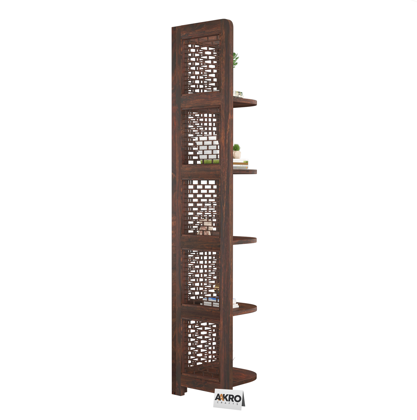 Divine Sheesham Wood Brick Corner Shelf for Living Room Bedroom Home | CNC 5 Tier Corner Bookshelf | Wooden Ladder Bookcase Display Unit (Walnut Finish)