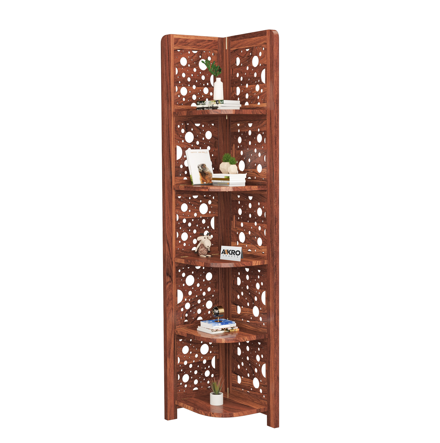 Levi Sheesham Wood Cricle Corner Shelf for Living Room Bedroom Home | CNC 5 Tier Corner Bookshelf | Wooden Ladder Bookcase Display Unit (Honey Finish)