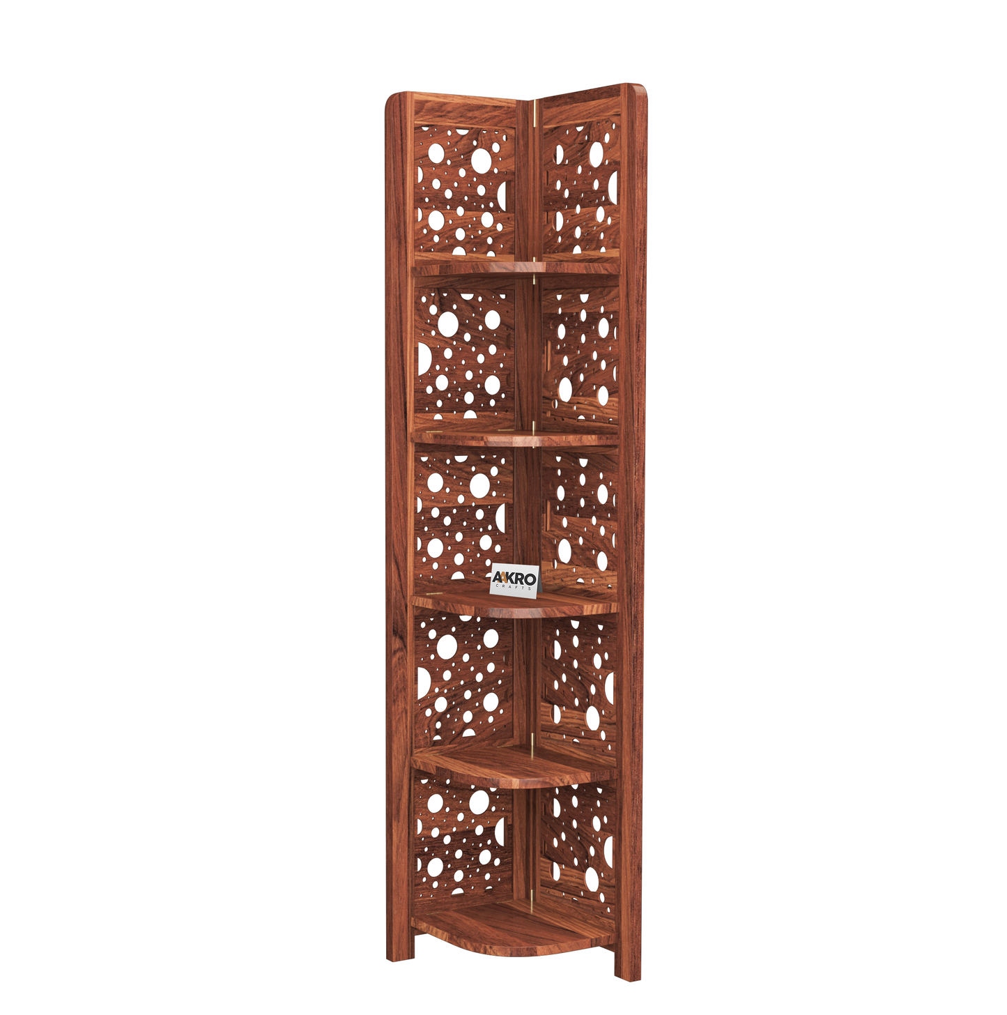 Levi Sheesham Wood Cricle Corner Shelf for Living Room Bedroom Home | CNC 5 Tier Corner Bookshelf | Wooden Ladder Bookcase Display Unit (Honey Finish)