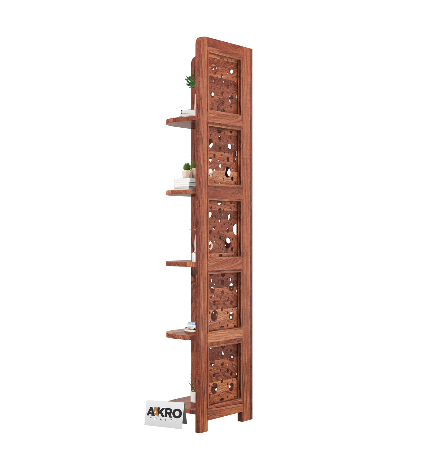 Levi Sheesham Wood Cricle Corner Shelf for Living Room Bedroom Home | CNC 5 Tier Corner Bookshelf | Wooden Ladder Bookcase Display Unit (Honey Finish)
