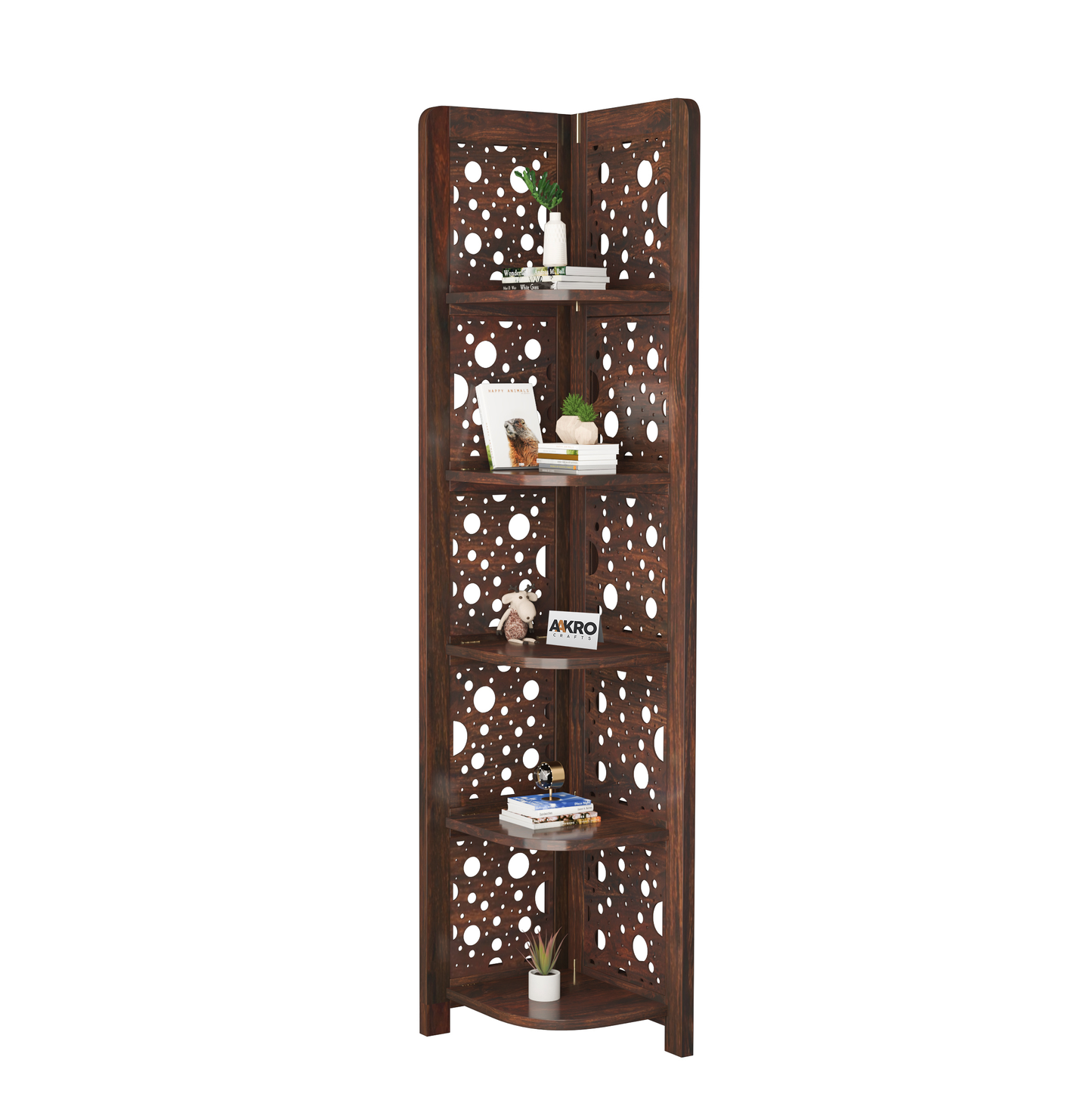 Levi Sheesham Wood Cricle Corner Shelf for Living Room Bedroom Home | CNC 5 Tier Corner Bookshelf | Wooden Ladder Bookcase Display Unit (Walnut Finish)