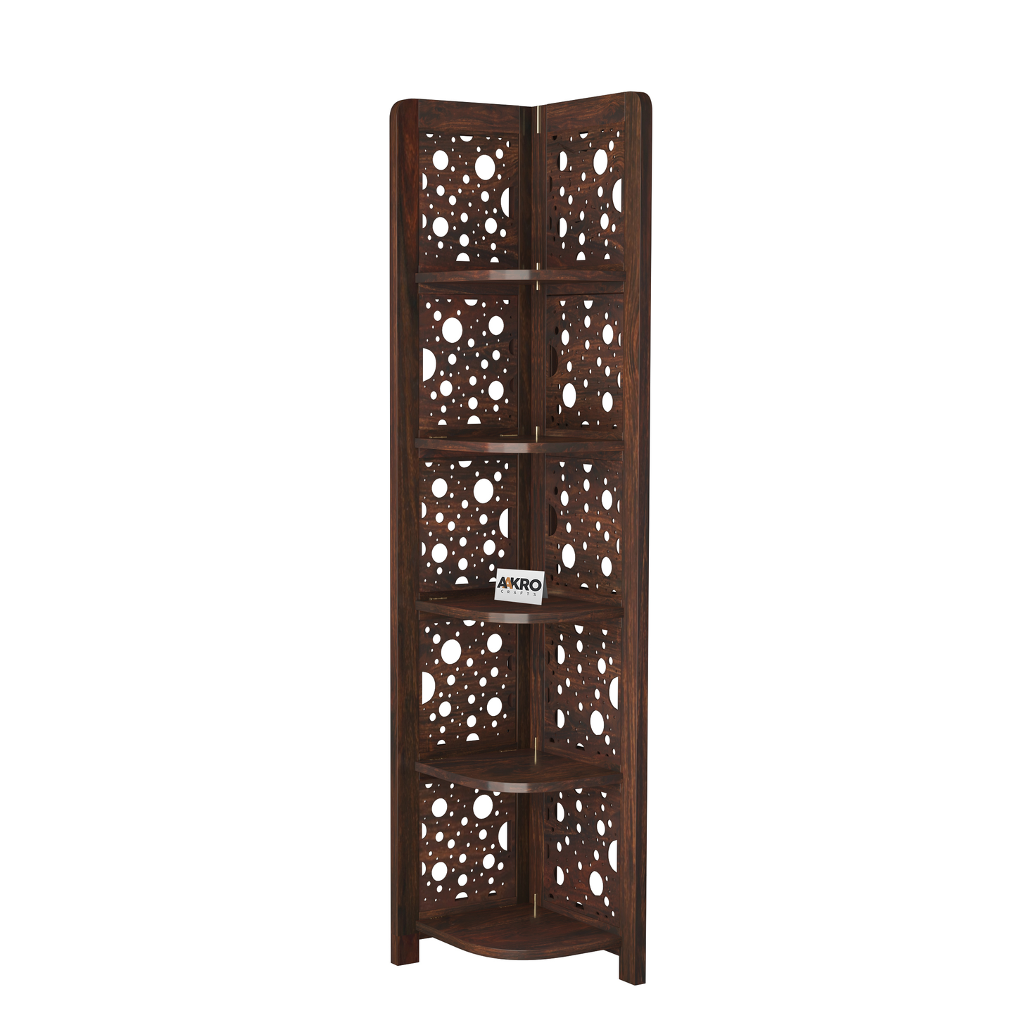 Levi Sheesham Wood Cricle Corner Shelf for Living Room Bedroom Home | CNC 5 Tier Corner Bookshelf | Wooden Ladder Bookcase Display Unit (Walnut Finish)