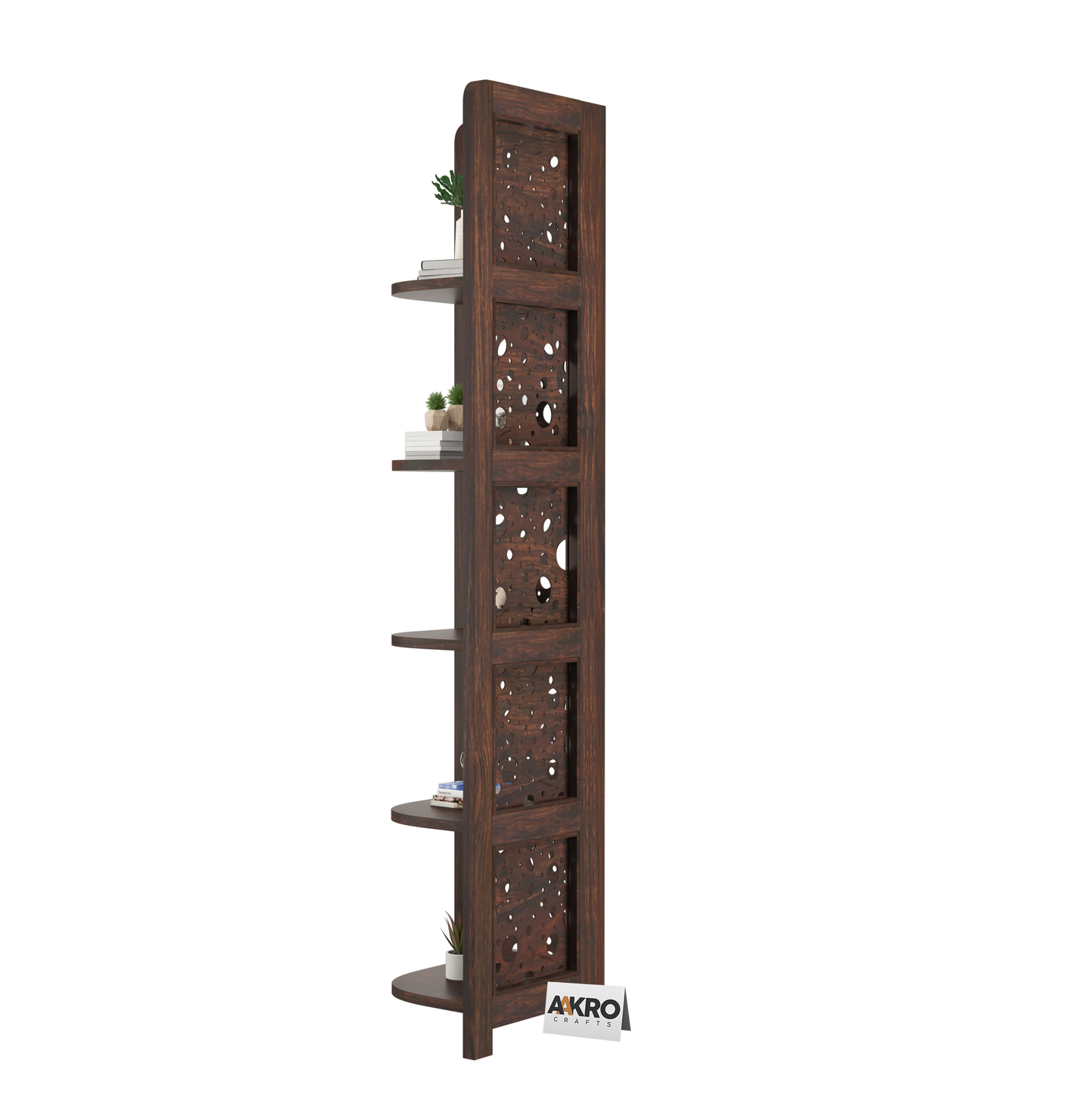 Levi Sheesham Wood Cricle Corner Shelf for Living Room Bedroom Home | CNC 5 Tier Corner Bookshelf | Wooden Ladder Bookcase Display Unit (Walnut Finish)