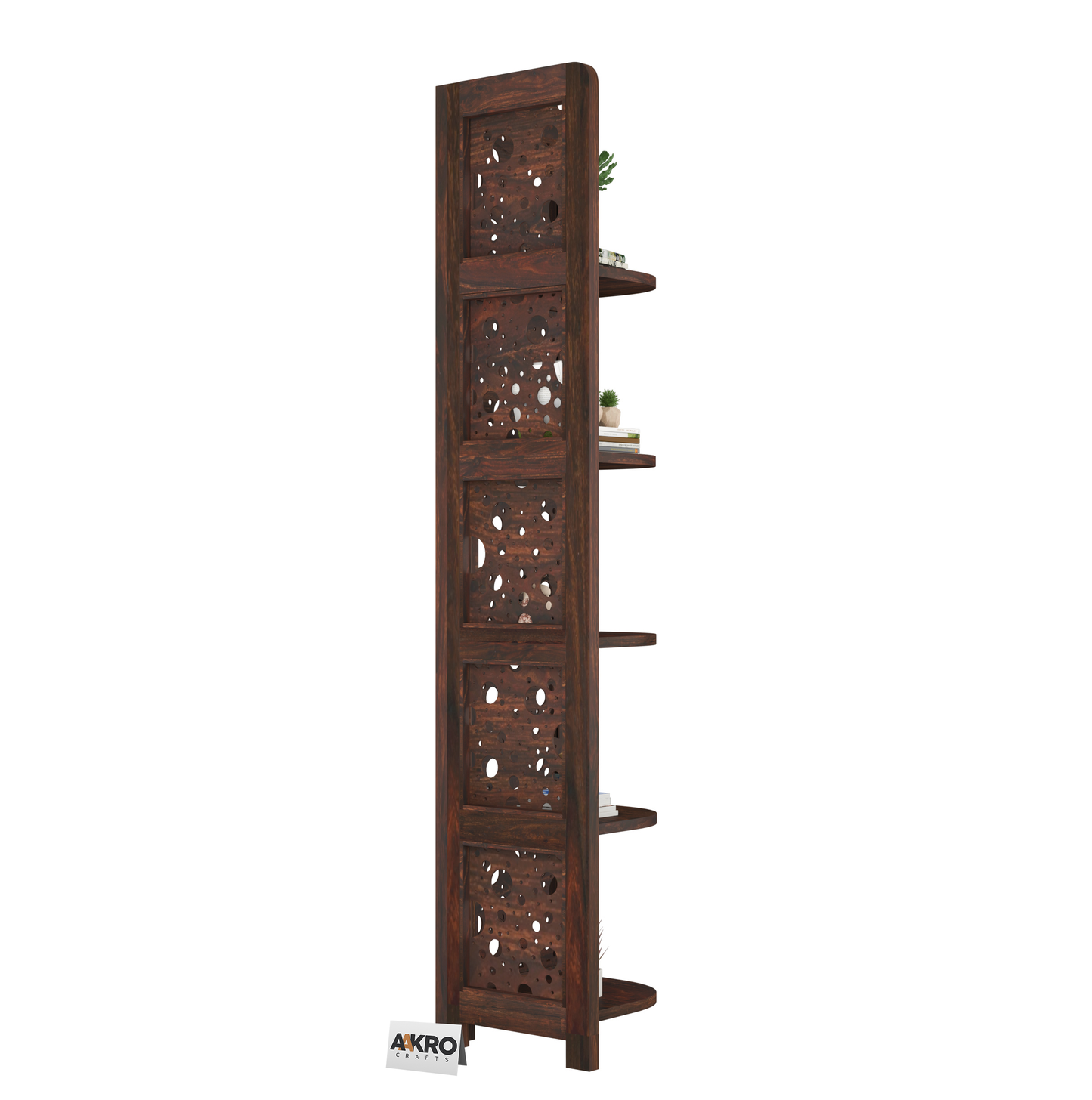 Levi Sheesham Wood Cricle Corner Shelf for Living Room Bedroom Home | CNC 5 Tier Corner Bookshelf | Wooden Ladder Bookcase Display Unit (Walnut Finish)