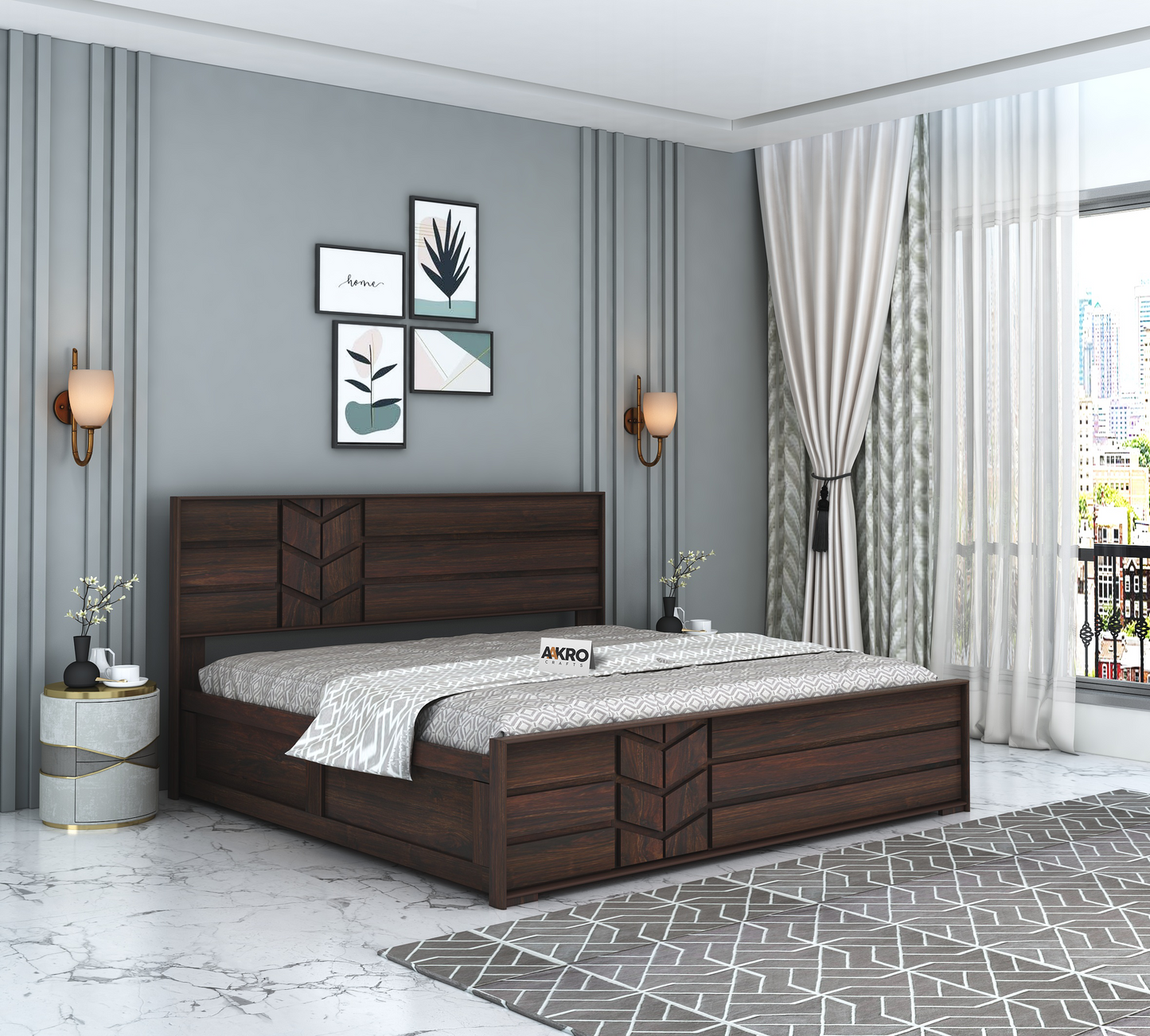 Venguard Sheesham Wood Bed with Box Storag (Walnut Finish) - 1 Year Warranty