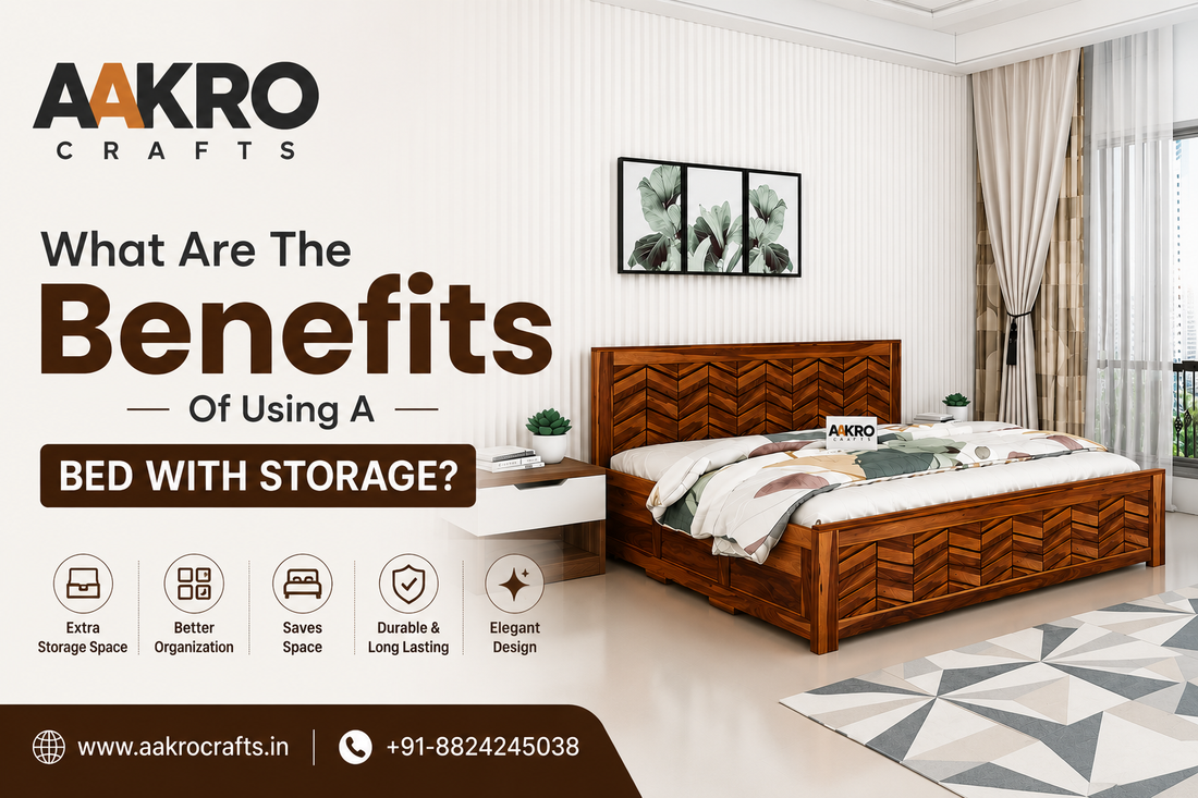 Premium wooden bed with storage in a modern bedroom by AAKRO Crafts showcasing elegant solid wood craftsmanship and space saving bedroom furniture.