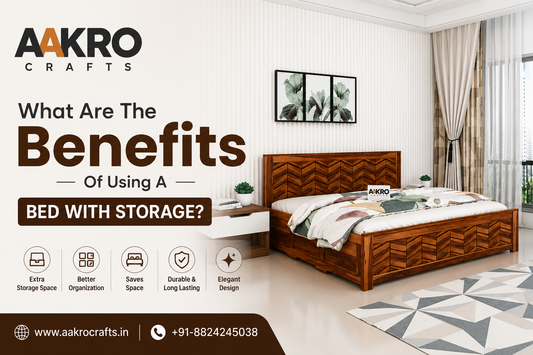 Premium wooden bed with storage in a modern bedroom by AAKRO Crafts showcasing elegant solid wood craftsmanship and space saving bedroom furniture.