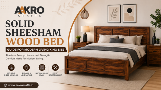 Aakro Crafts solid Sheesham wood bed king size with premium natural wood finish, handcrafted durable wooden bed for modern bedroom furniture.