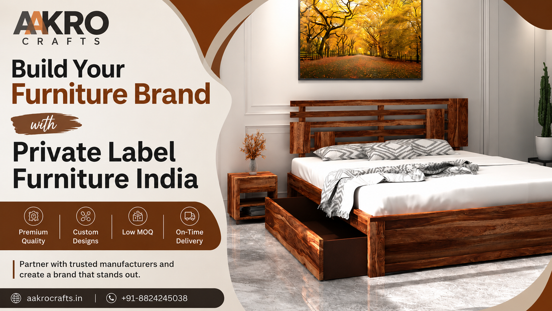 Private label furniture manufacturing in India by Aakro Crafts featuring a premium solid Sheesham wood storage bed with custom furniture designs, low MOQ, and on-time delivery.