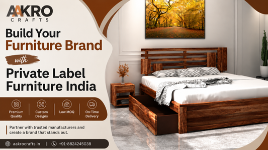 Private label furniture manufacturing in India by Aakro Crafts featuring a premium solid Sheesham wood storage bed with custom furniture designs, low MOQ, and on-time delivery.