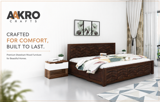 Image Alt Text: Sheesham Wood King Size Bed with Hydraulic Storage by AAKRO Crafts