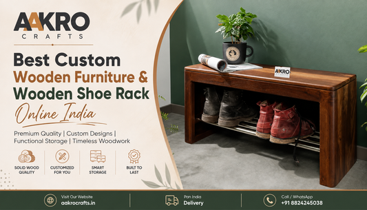 Aakro Crafts wooden shoe rack in a rich brown finish with two storage levels, displayed against a green wall with shoes, a plant, and décor items. The banner promotes custom wooden furniture and wooden shoe racks online in India.