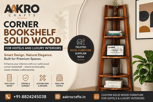Solid wood corner bookshelf for hotels and luxury interiors by Aakro Crafts
