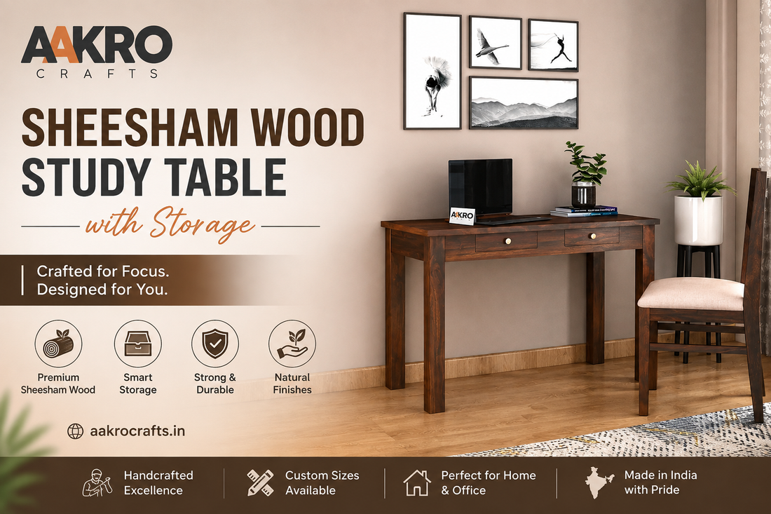 Sheesham wood study table with storage drawers in a modern interior, featuring a natural wooden finish by Aakro Crafts.