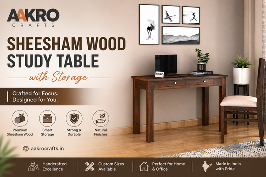 Sheesham wood study table with storage drawers in a modern interior, featuring a natural wooden finish by Aakro Crafts.