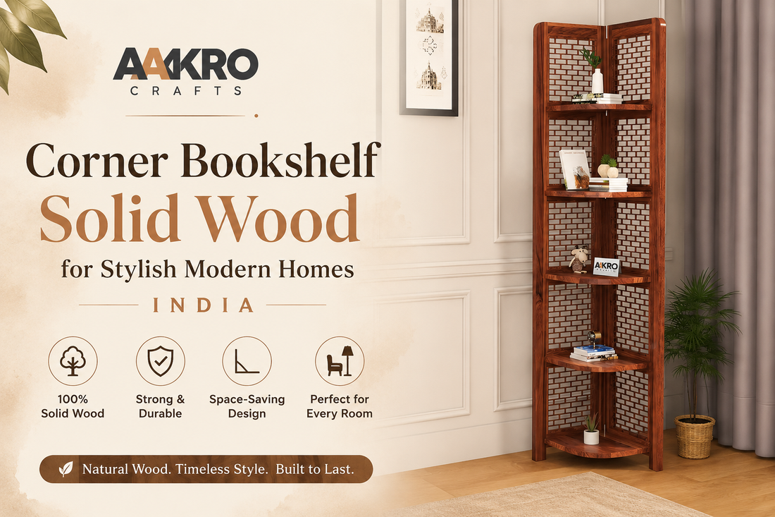 Corner bookshelf solid wood for stylish modern homes in India by Aakro Crafts
