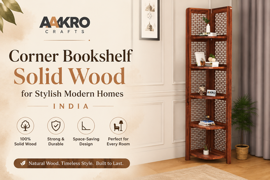 Corner bookshelf solid wood for stylish modern homes in India by Aakro Crafts