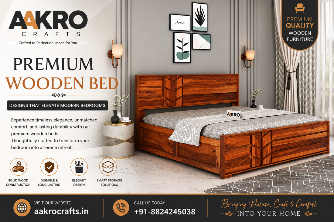 Premium wooden bed in a modern luxury bedroom featuring solid wood craftsmanship, elegant design, stylish décor, and contemporary interiors by Aakro Crafts.