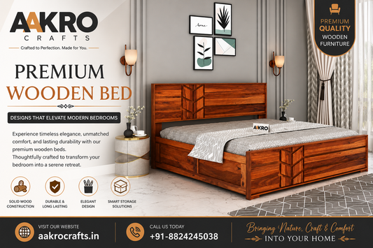 Premium wooden bed in a modern luxury bedroom featuring solid wood craftsmanship, elegant design, stylish décor, and contemporary interiors by Aakro Crafts.