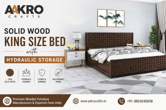 Solid wood king size bed with hydraulic storage by Aakro Crafts, premium wooden furniture manufacturers and exporters from India.