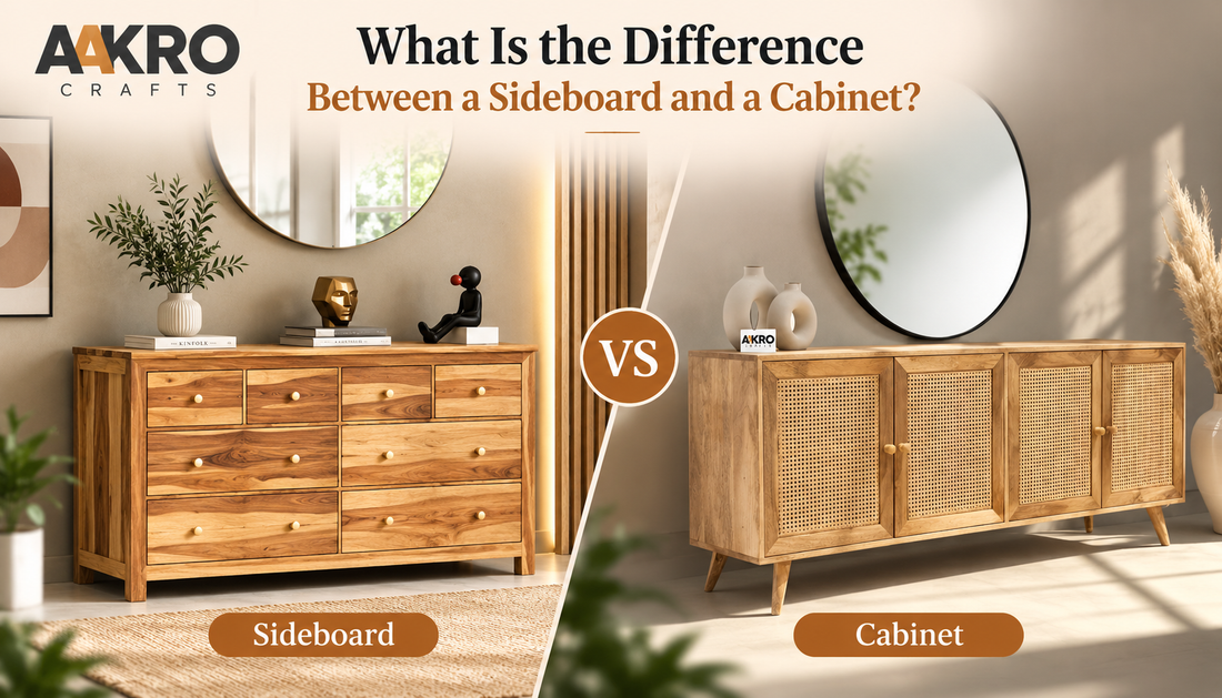 Wooden sideboard and cane cabinet comparison by Aakro Crafts showing the difference between a sideboard and a cabinet.