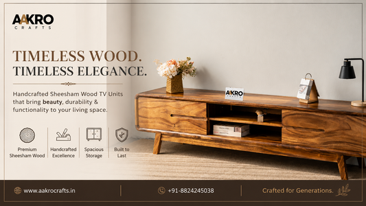 Premium Sheesham Wood TV Unit in a modern living room by Aakro Crafts featuring handcrafted solid wood design with spacious storage and a natural wood finish.