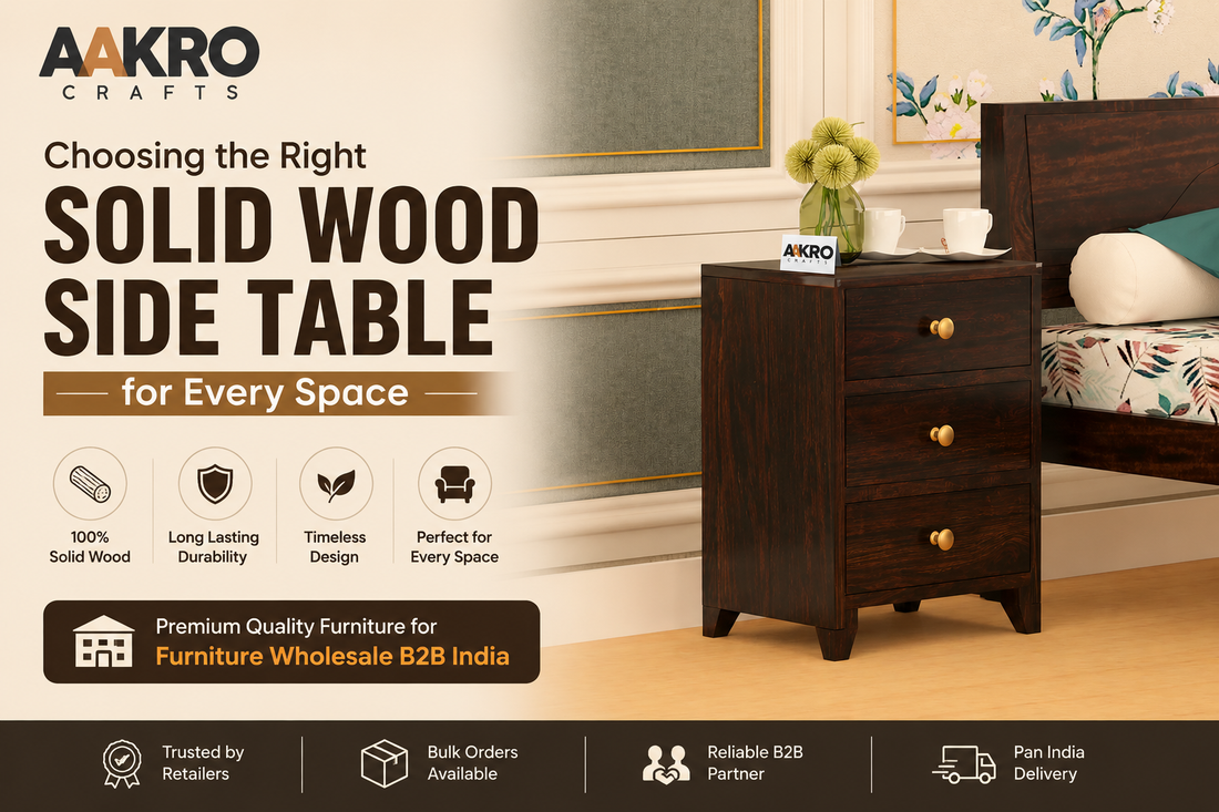 Premium solid wood side table handcrafted for modern interiors and furniture wholesale B2B India collections with elegant natural wood finish.