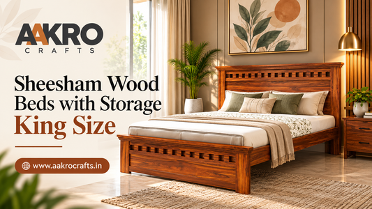 Sheesham wood king size bed with storage in a modern bedroom by Aakro Crafts.