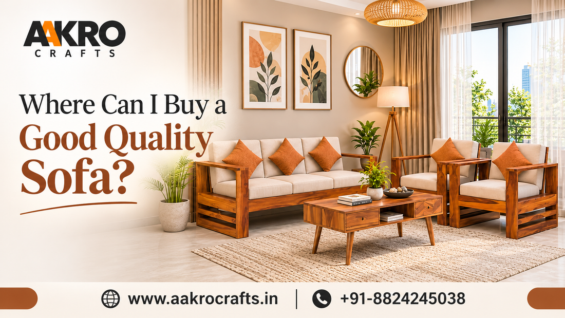 Aakro Crafts premium wooden sofa set with comfortable cushions in a modern living room, showcasing stylish and durable furniture for a quality home interior.